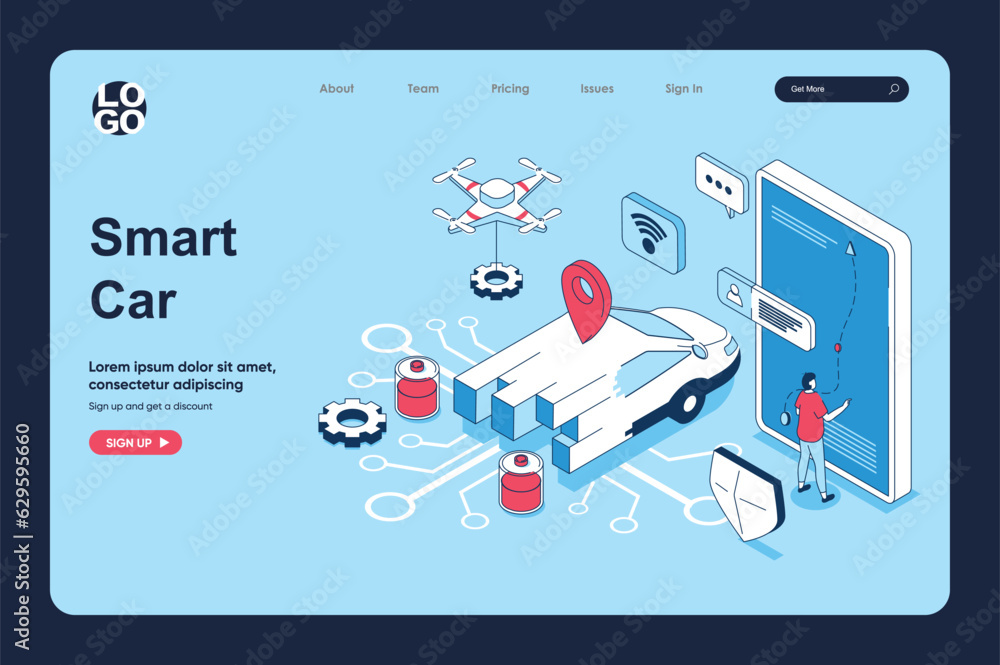 Fototapete Smart car concept in 3d isometric design for landing page template. People using autonomous automobile service with online navigation map, managing car st smartphone app. Vector illustration for web