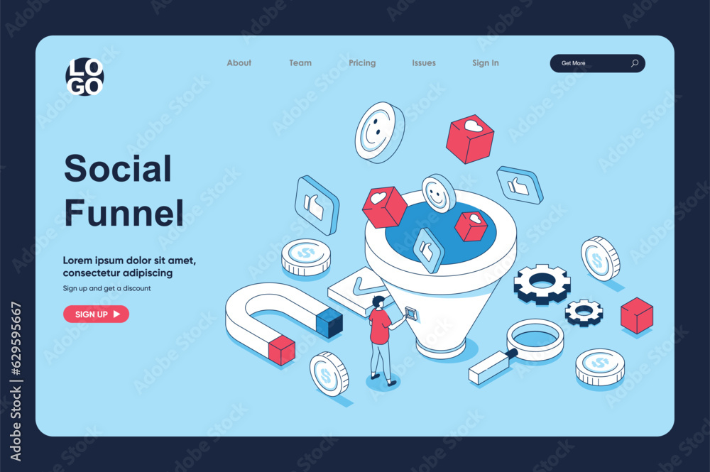 Aufkleber social media funnel concept in 3d isometric design for landing page template. people creating conten