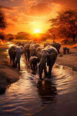 Fototapeta na wymiar Elephant herd crossing river at sunset