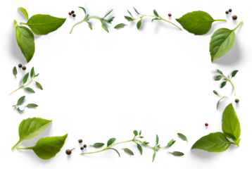 frame  border Fresh green organic basil leaves, thyme and peper isolated on white background. Transparent background and natural transparent shadow; Ingredient cooking. collection for design