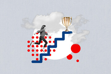 Collage artwork illustration of running funny teenager aspired girl climb up stairs ladder receive...