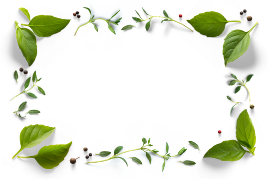 frame  border Fresh green organic basil leaves, thyme and peper isolated on white background. Transparent background and natural transparent shadow; Ingredient cooking. collection for design