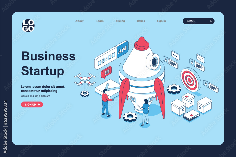 Poster startup business concept in 3d isometric design for landing page template. people entrepreneurs work