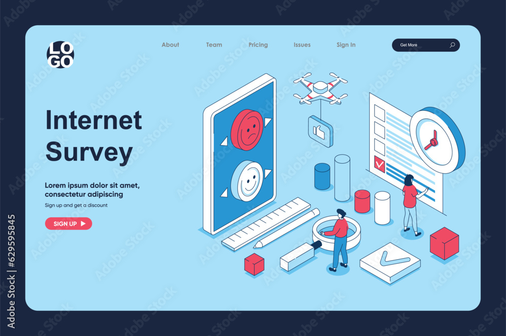 Poster internet survey concept in 3d isometric design for landing page template. people answering and givin