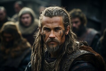 portrait of viking warrior looking at camera