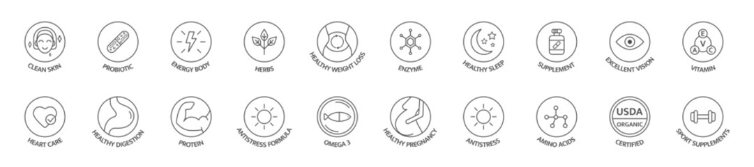 Vitamin and supplement line icon set. Natural probiotic, protein sign for packaging. Organic, bio, vegan food label. Healthy product. Detox diet badges. Nutrition sign. Clean skin. Vector illustration