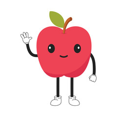 Apple emoticon with kawaii eyes, legs and hands is waving hand. Emoji smiling cartoon character.