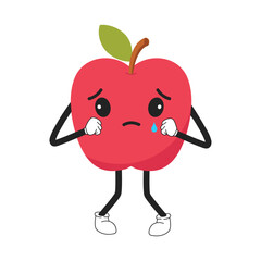 Apple emoticon with kawaii eyes, legs and hands is crying. Emoji sad cartoon character.