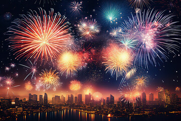 Fototapeta na wymiar Beautiful fireworks in the night sky. AI technology generated image