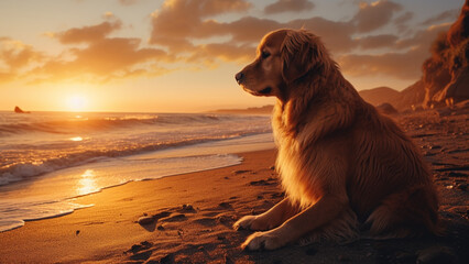 A golden retriever watching the sunset by the shore. Aesthetic dog pictures. Cute pets. AI art.