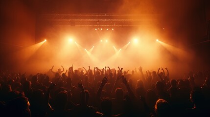 Fototapeta na wymiar Generative AI, People crowd on music rock festival concert in stadium, big stage lit by spotlights..