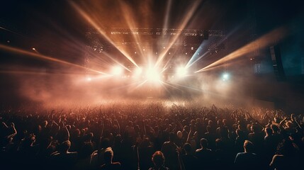 Generative AI, People crowd on music rock festival concert in stadium, big stage lit by spotlights..