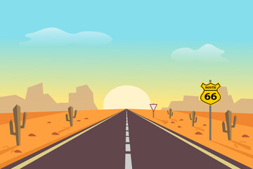 Road in the desert. Vector illustration of desert landscape with asphalt highway, hills, mountains, rock, traffic signs, and cactus in cartoon style.