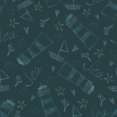 hand-drawn seamless pattern with lighthouses, corals, inscriptions, boats, starfish on a dark background
