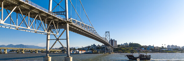Florianopolis in Santa Catarina. Hercilio Luz Bridge. Aerial image.