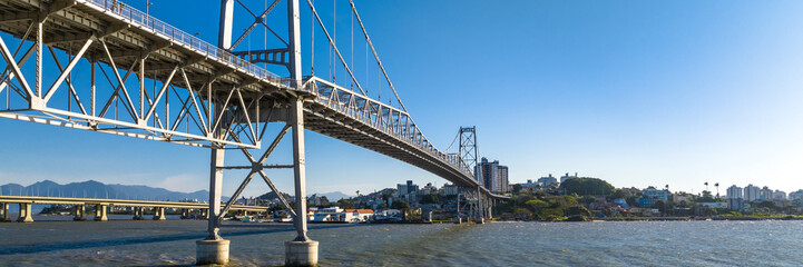 Florianopolis in Santa Catarina. Hercilio Luz Bridge. Aerial image.