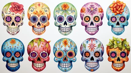 Muurstickers Schedel Day of The Dead sugar skulls with floral ornament in  watercolor style,isolated on white background . Dia de los Muertos.set  of clipart sugar skulls.