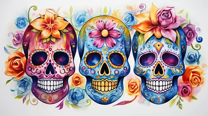 Papier Peint photo Crâne Day of The Dead sugar skulls with floral ornament in  watercolor style,isolated on white background . Dia de los Muertos.set  of clipart sugar skulls.