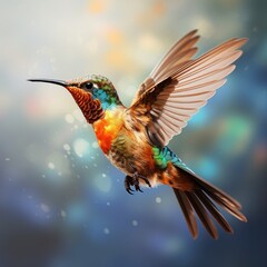 Hummingbird in flight with colorful bokeh background.