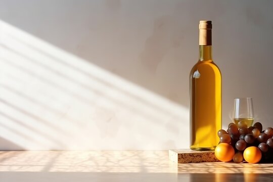 Bottle, grape and glass of white wine on a white background.
