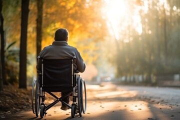 Lonely disabled man on wheelchair feeling lost and depressed in park.