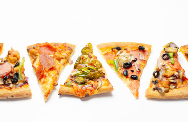 Different slices of pizza with pepperoni, ham, mushrooms, mozzarella and olives