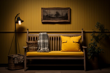 Interior design wooden chair in yellow color wall. Generative ai.