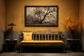 Interior design wooden chair in yellow color wall. Generative ai.