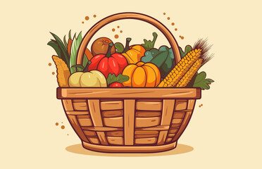 Autumn Harvest Basket vector Illustration, Colorful Harvest Basket, 