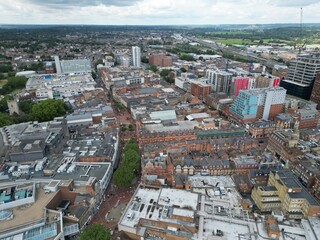 Reading town centre shops and housing Berkshire UK drone, aerial