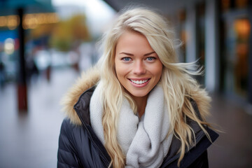 Fototapeta premium Smiling blonde woman wearing a black coat and scarf posing on the sidewalk.