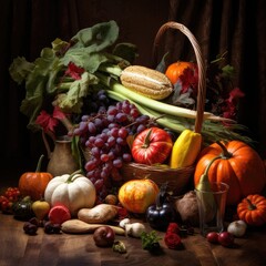 Autumn still life with pumpkins, berries and leaves on wooden background