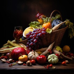 Autumn still life with pumpkins, berries and leaves on wooden background
