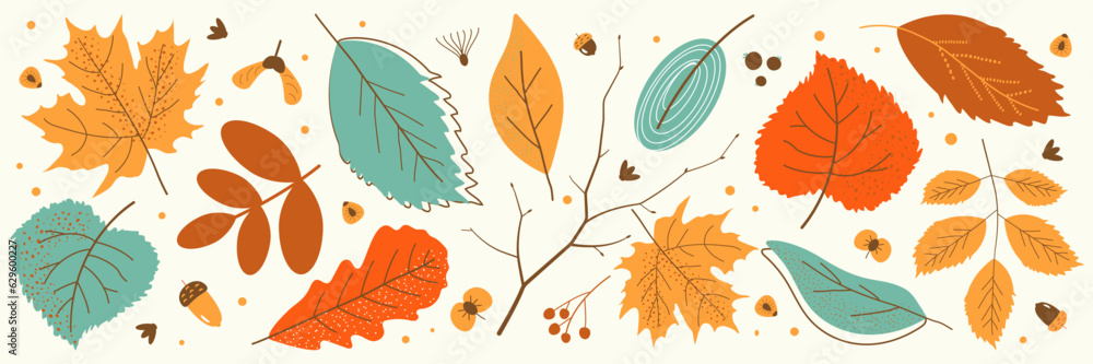 Wall mural hand drawn horizontal banner pattern with autumn bright leaves and berries in retro color. flat dood