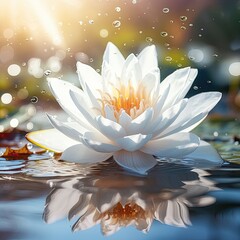 Beautiful water lily in the pond with sunbeams. - obrazy, fototapety, plakaty