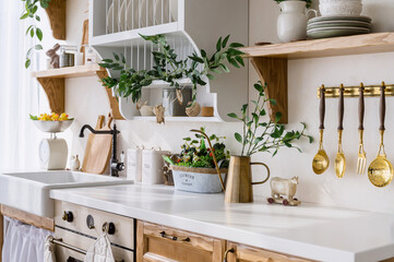 cozy kitchen in apartment with scandinavian interior