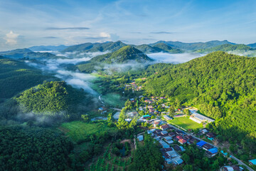 The village in the valley along MeKong River border of ThaiLand-Laos, Nong Khai province, Thailand.