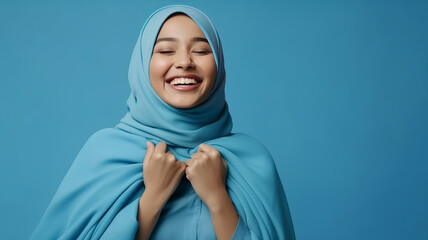 Embrace equity on multiracial Internal Women's Day. Muslim Asian woman good mood hands hug herself shoulders enjoy joyful blue cloth,  generative ai