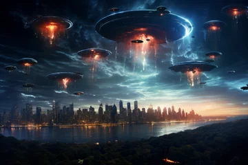 Foto op Canvas UFO alien invasion on Earth © Guido Amrein