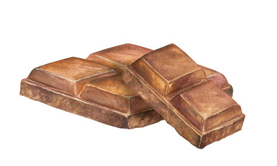 Watercolor illustration of a piece of milk or dark chocolate bar. Hand drawn, suitable for prints, menu design