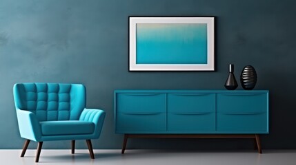 Blue tosca living room interior with seat and canvas mockup decoration. Canvas mockup. Living room canvas.