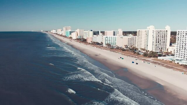 Aerial view of Myrtle Beach coastline and buildings from drone, South Carolina