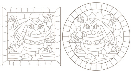 A set of contour illustrations in the style of stained glass with cute cartoon rabbits, dark contours on a white background