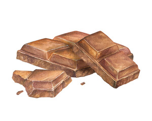 Watercolor illustration of a piece of milk or dark chocolate bar. Hand drawn, suitable for prints, menu design