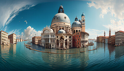 水上都市ヴェネチアのパノラマ風景のイラスト - obrazy, fototapety, plakaty