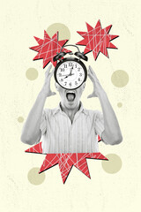 Vertical collage image of black white effect outraged guy bell ring clock face head isolated on...