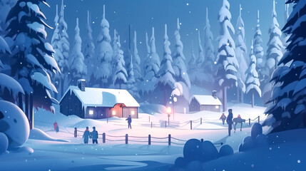 Cartoon illustration with a village in the snow, generative AI.