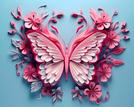 Naklejka 3D, butterflies, flat background, layered forms, paper quilling, masterpiece, trending on Artstation and Dribbble, pink color pallette,