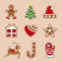 Fototapeta premium Gingerbread cookies for christmas. Vector illustrations in color isolated with Santa, reindeer, gingerman, tree, candy, hat, heart, snowflake, glove, gift.