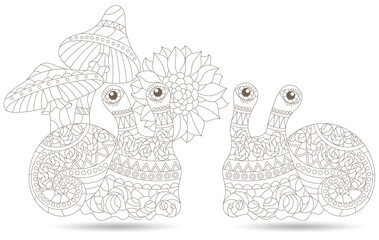 A set of contour illustrations in the style of stained glass with abstract snails, flowers and mushrooms, dark contours on a white background